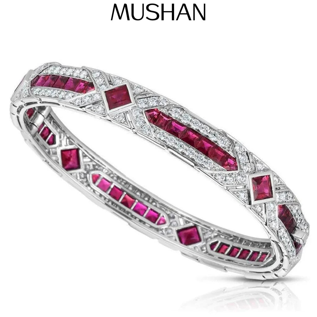 MuShan Jewelry 925 Sterling Silver Bangle Bracelet For Women Red Gemstones High Carbon Diamond s925 Silver Bangles Fine Jewelry