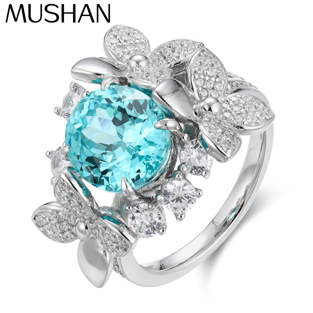 MUSHAN Custom Jewelry 925 Sterling Silver Ring Lab Blue Ruby Round Bridal Gift for Women 18K Gold Plated GRC Certificate Rings