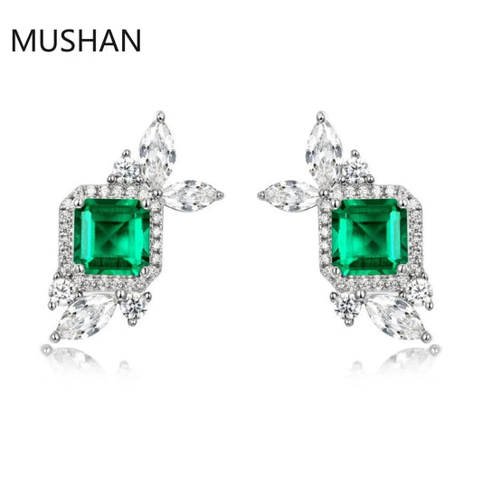 MUSHAN Luxury Jewelry S 925 Sterling Silver Stud Earrings Women GRC Certificated Lab Grown Emerald Earrings Stud Ear Pin Jewelry