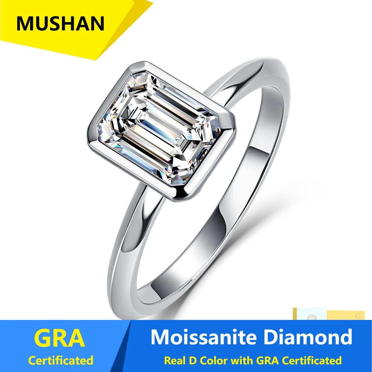 Bague MUSHAN Luxury Jewelry en argent sterling 925 pour femme, diamant moissanite taille émeraude certifié GRA, couleur D, bijou raffiné
