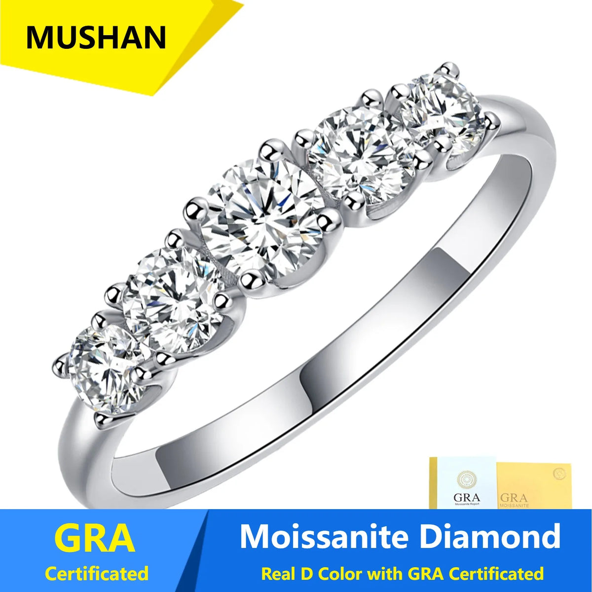 Anillo de lujo MUSHAN de plata de ley 925 para mujer, sortija con diamante de moissanita con certificado GRA, color D, esmeralda, joyería fina