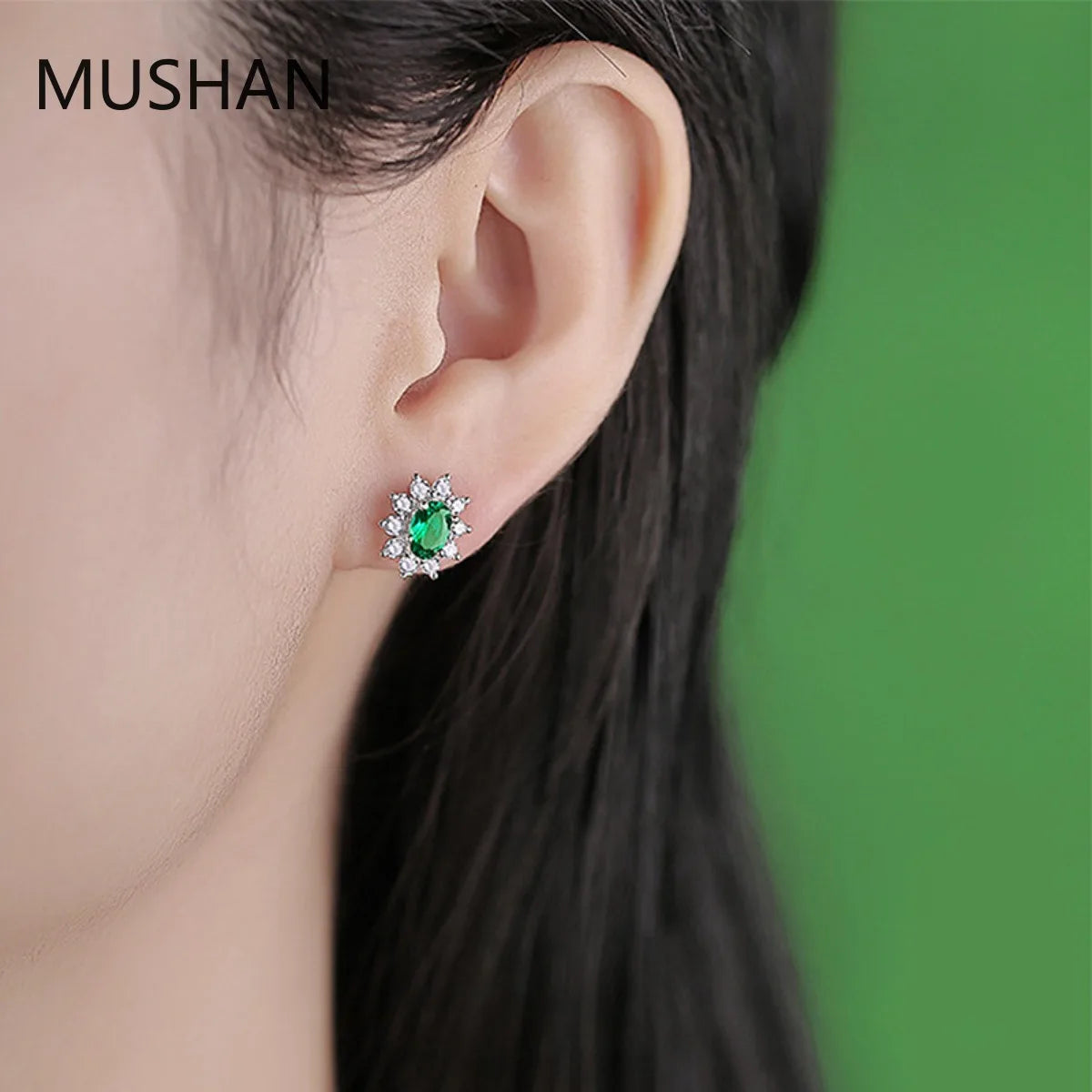 MUSHAN Jewelry 925 Sterling Silver Stud Earrings for Women GRC Certificated Lab Grown Ruby Emerald Earrings Ear Pin Jewelry