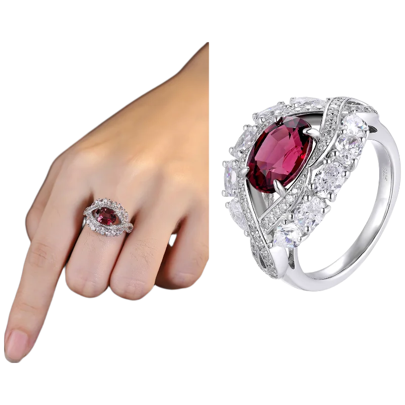 MUSHAN Custom Jewelry 925 Sterling Silver Ring Lab Red Sapphire Oval Bridal Promise for Women 18K Gold Plated Anniversary Ring