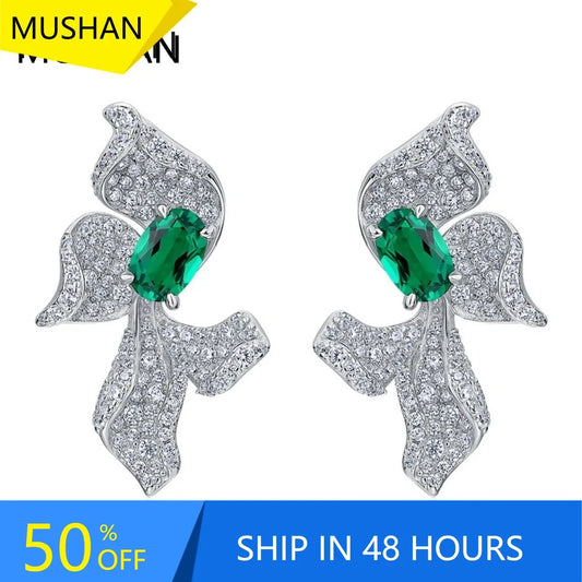 MUSHAN Jewelry Fine S 925 Sterling Silver Stud Earrings For Women Inlaid Lab Grown Emerald Exaggerated Flower Earrings Wholesale