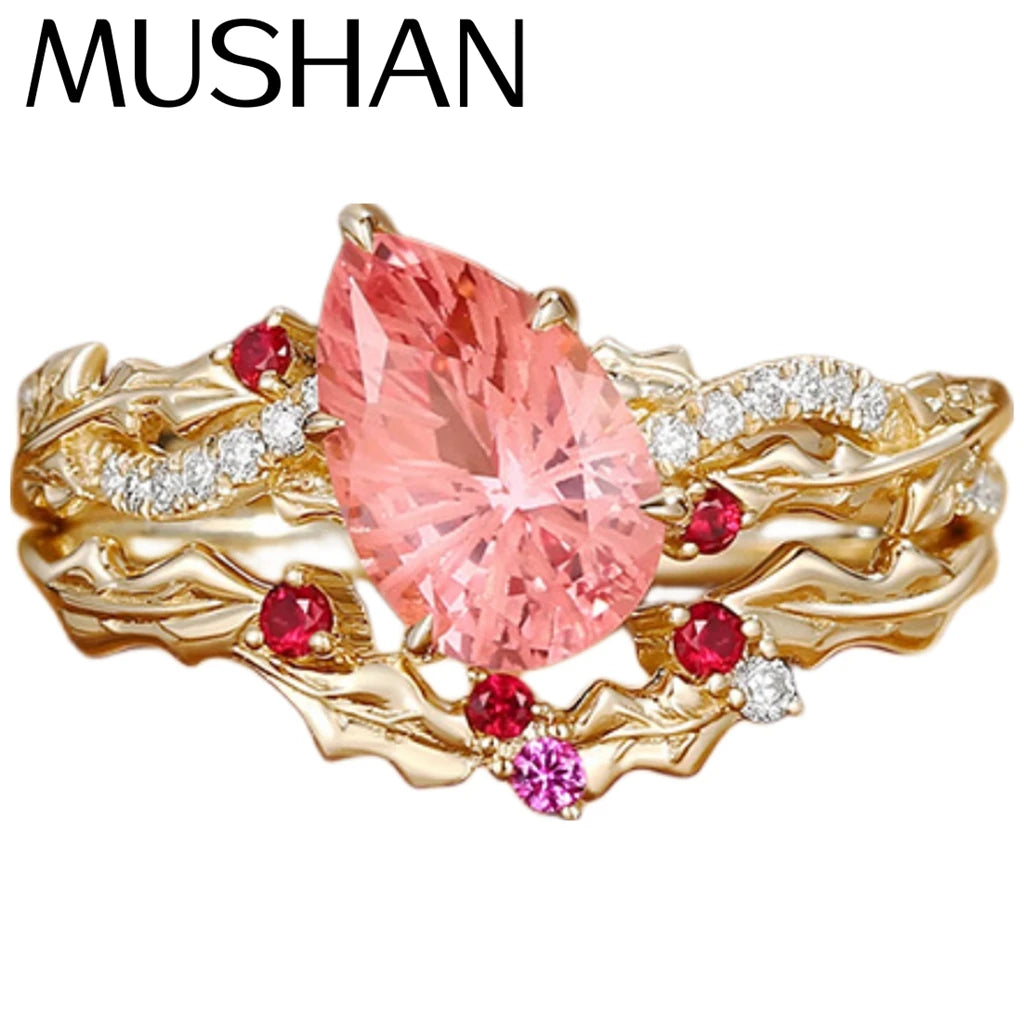 MUSHAN Custom Jewelry 925 Sterling Silver Ring Lab Pink Gemstones Band GRC Certificated Wedding Ring for Women 18K Gold Plated