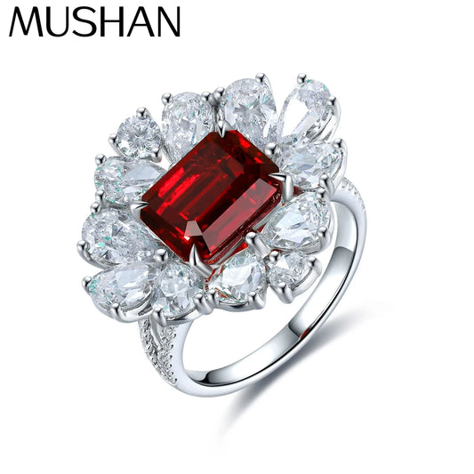 MUSHAN Custom Jewelry 925 Sterling Silver Ring Lab Red Ruby Radiant Modern Ring for Women 18K Gold Plated Anniversary Rings