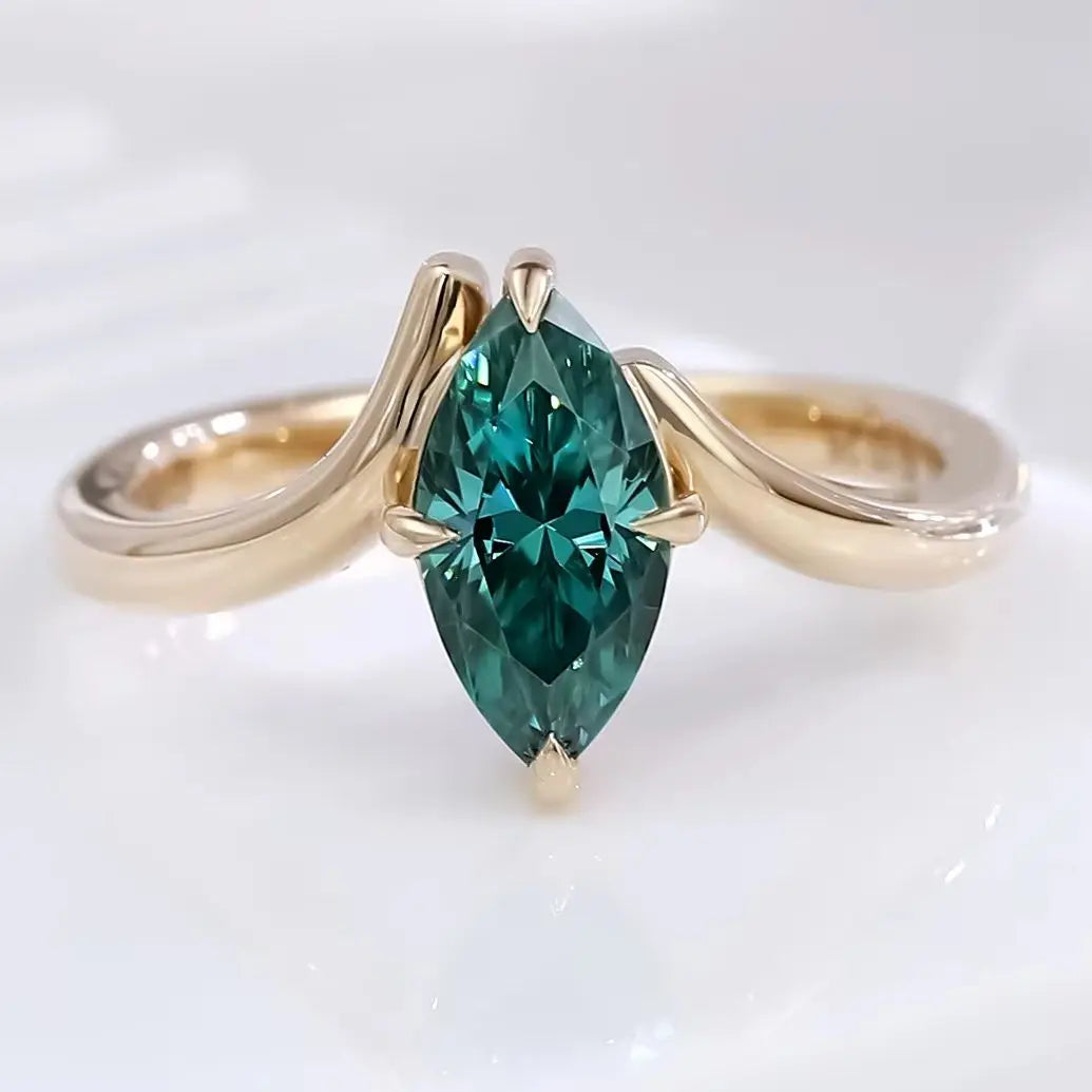 MUSHAN Joyería a medida, anillos de compromiso con diamante de moissanita verde en forma de marquesa de 2 quilates, oro de 18k, joyería en oro de 10k, 14k y 18k para mujer
