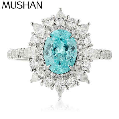 MUSHAN Custom Jewelry 925 Sterling Silver Ring Lab Blue Emerald Oval Bridal Gift for Women 18K Gold Plated Anniversary Rings