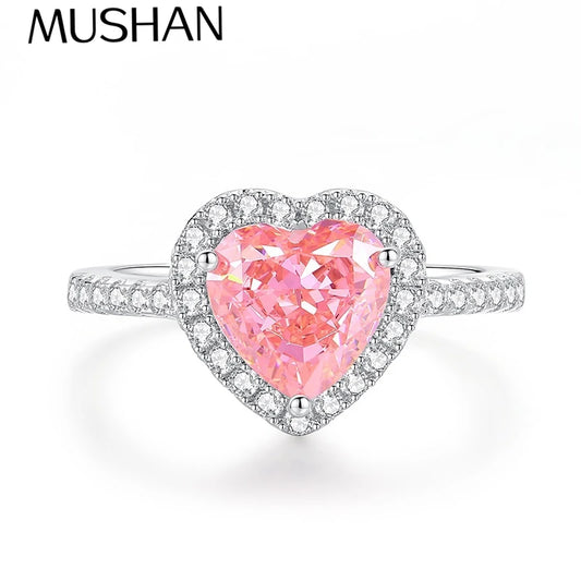 MUSHAN Luxury Jewelry S925 Sterling Silver Heart-Shaped Pink Zircon Heart Ring For Women'S Pappalacha High Carbon Diamond
