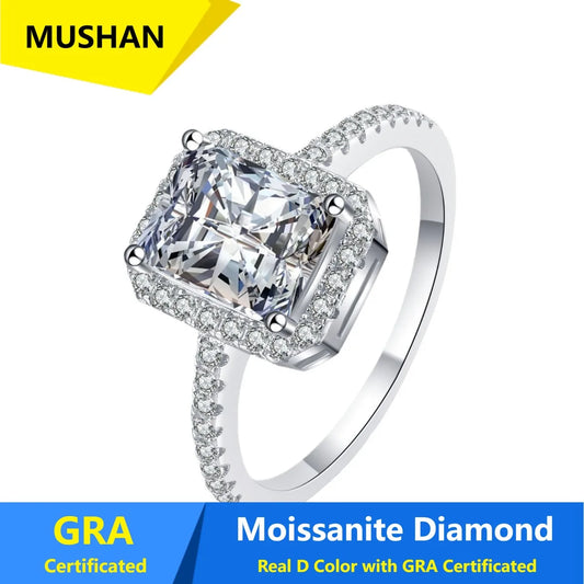Anillo de plata de ley 925 MUSHAN Luxury Jewelry, banda para mujer, certificado GRA, diamante de moissanita, esmeralda, color D, joyería fina