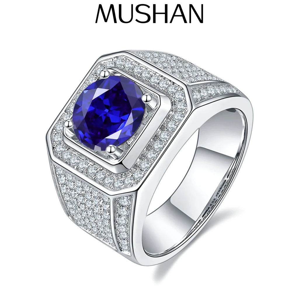 MUSHAN Custom Jewelry 925 Sterling Silver Ring Lab Blue Emerald Round Vintage Ring for Women 18K Gold Plated Anniversary Rings