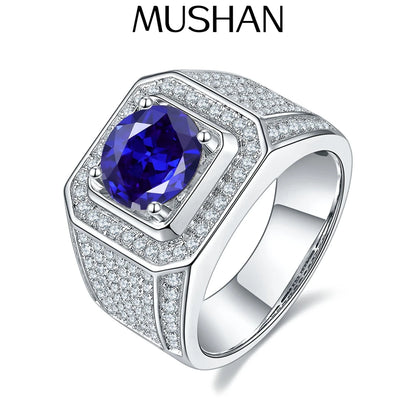 MUSHAN Custom Jewelry 925 Sterling Silver Ring Lab Blue Emerald Round Vintage Ring for Women 18K Gold Plated Anniversary Rings