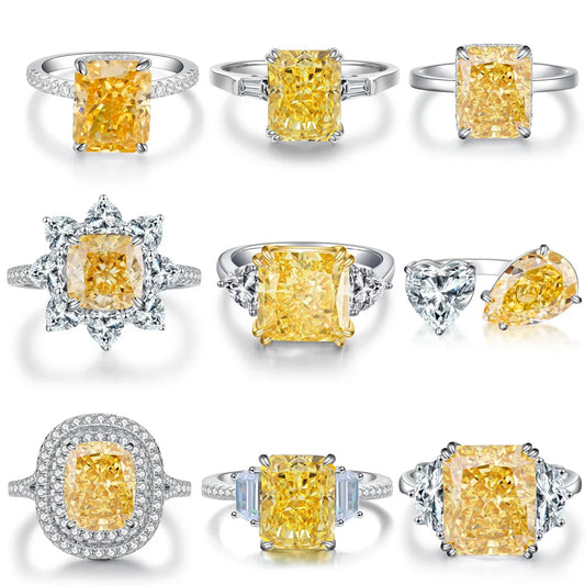 MUSHAN Luxury Jewelry S925 Pure Silver Yellow Diamond Ring  Ice Flower Cut 8a Zircon Stone Setting For Women