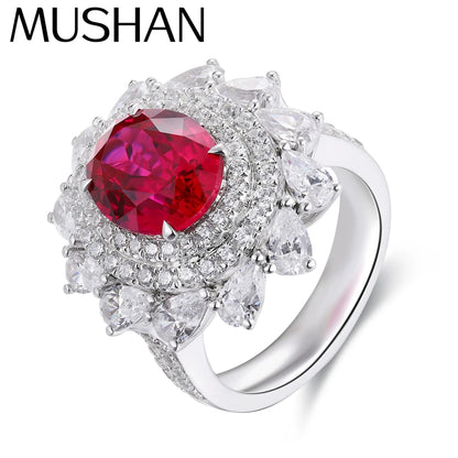 MUSHAN Custom Jewelry 925 Sterling Silver Ring Lab Red Emerald Radiant Modern Ring for Women 18K Gold Plated Anniversary Rings