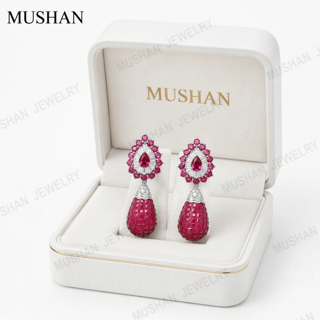 Pendientes colgantes de plata de ley 925 MuShan Luxury Jewelry con rubíes cultivados en laboratorio, accesorios de joyería fina s925