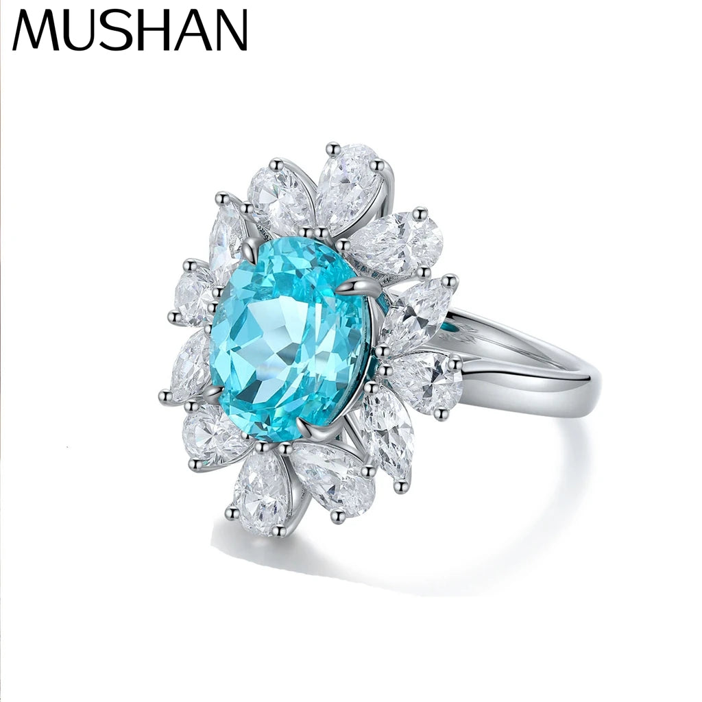 MUSHAN Custom Jewelry 925 Sterling Silver Ring Lab Blue Emerald Princess Bridal Gift for Women 18K Gold Plated Anniversary Ring