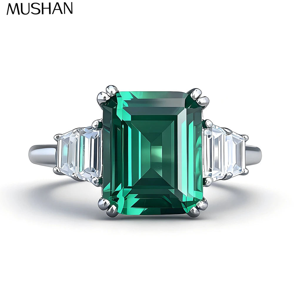 MuShan Designer Jewelry 925 Sterling Silver Ring Green High Carbon Diamond Gemstones Rings Band for Women Rhodium Plated Rings