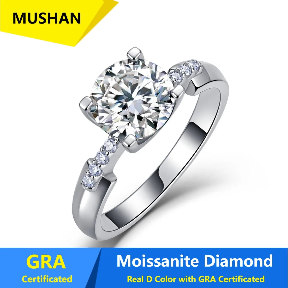 Anillo de lujo MUSHAN de plata de ley 925 para mujer, con diamante de moissanita certificado por GRA, esmeralda, color D, joyería fina